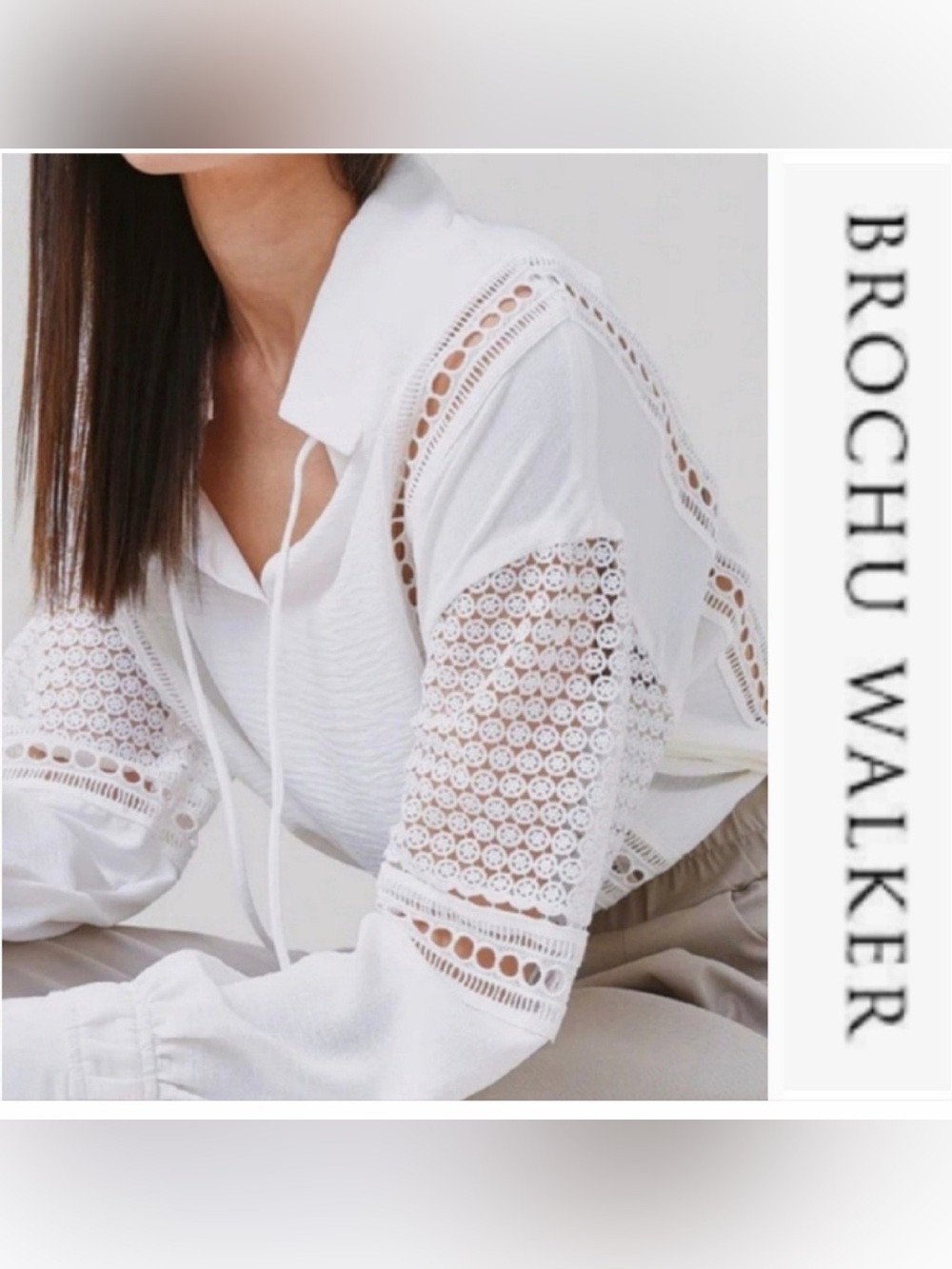 Brochu Walker Kaia Blouse Oversized White Eyelet Lace Inset Long-Sleeve Top Sz M - Picture 13 of 13